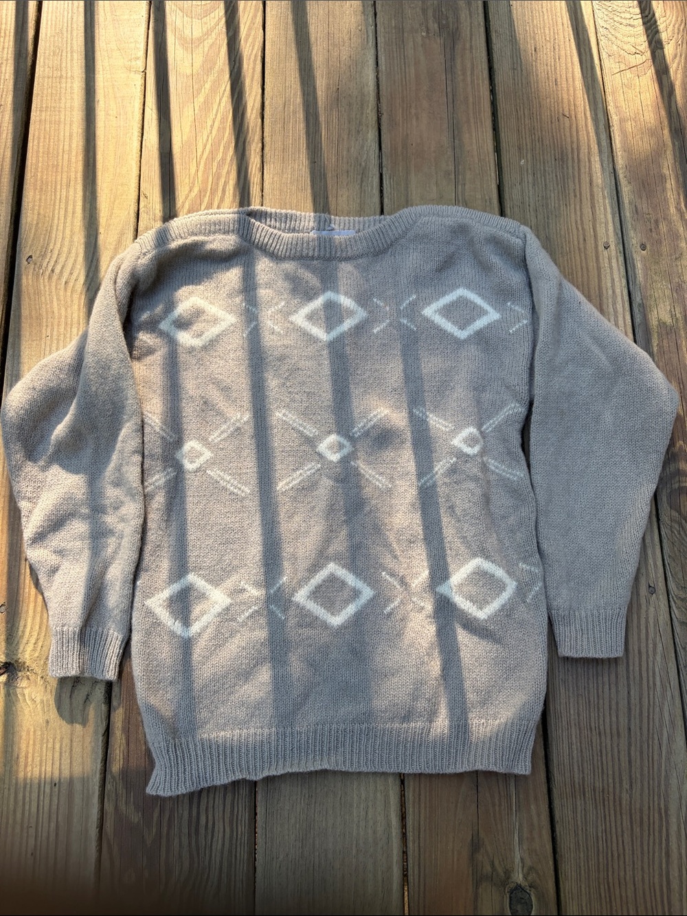 Wool Taupe Geometric Knit Sweater - Classic Crewneck